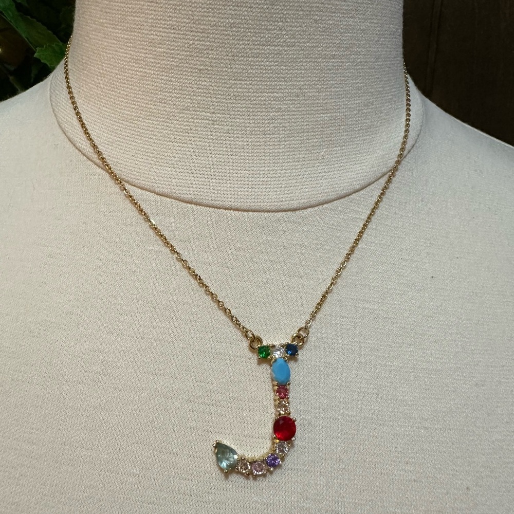 Beautiful Jeweled Letter “J” Necklace 18”